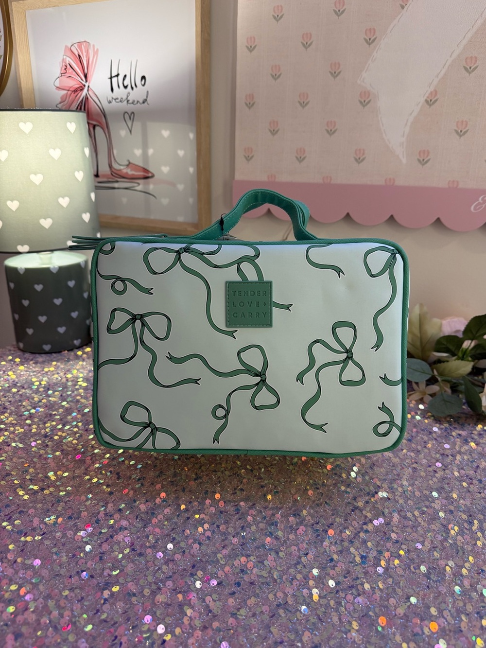 NWT Tender Love + Care Toiletry Weekender Bag in “Green Bows” Pattern